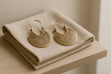 Handcrafted Brass Hoop Earrings with Geometric Engraving on Neutral Linen Fabric