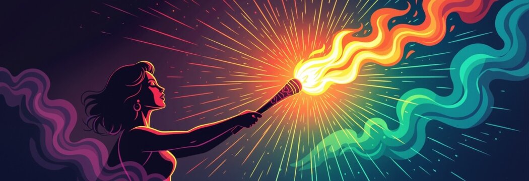 Mardi Gras celebration with woman holding flaming torch. Vector banner for carnival parade. Symbol of power, freedom, and enlightenment.