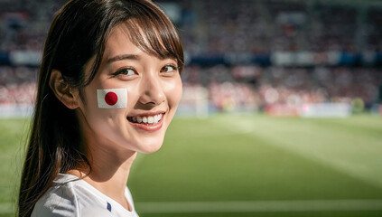 Beautiful Young Female Fan with japon Flag Painted on Cheek at Football Stadium