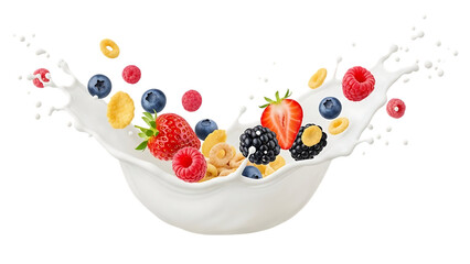 Fresh berries and cereal in a splash of milk forming a bowl shape with vibrant fruits and oats isolated on a transparent background