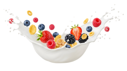 Fresh berries and cereal in a splash of milk forming a bowl shape with vibrant fruits and oats isolated on a transparent background