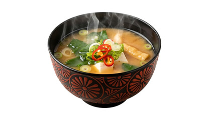 Steaming bowl of ramen with vegetables and chili peppers in a decorative red and black patterned bowl isolated on a transparent background
