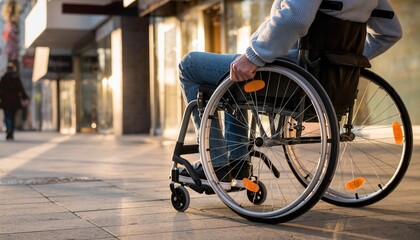 Obraz premium Unrecognizable person with a physical disability using a manual wheelchair on a city sidewalk, with a blurred urban background and warm sunset light