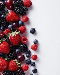 Obraz premium A vibrant assortment of fresh strawberries, blueberries, raspberries, and blackberries artfully arranged on a clean white surface, perfect for showcasing healthy eating.