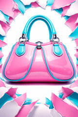 Vibrant Glossy Designer Handbag in Pink and Turquoise on Clean White Background