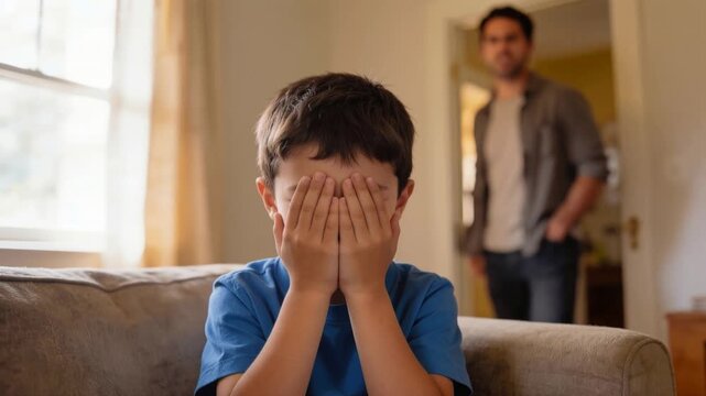 Child displaying fear with hands covering face on couch. Angry adult male in background of home setting.