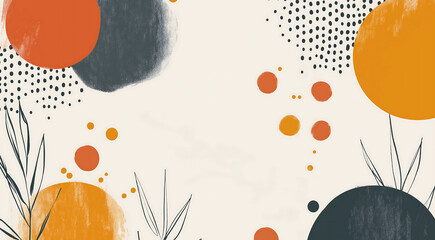 Abstract watercolor illustration featuring colorful circles, dots, and delicate foliage elements on a soft background, creating a modern artistic composition with vibrant textures