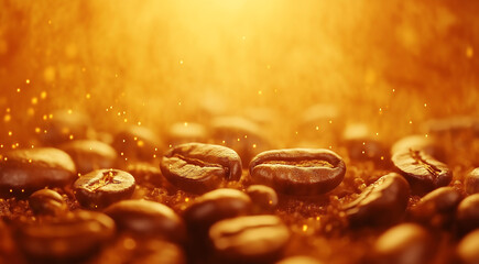 Coffee beans scattered on a textured surface, illuminated by warm golden light, creating a cozy atmosphere, highlighting the rich aroma and flavor of freshly brewed coffee