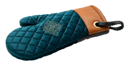 Teal oven mitt isolated on transparent background with brown trim and loop