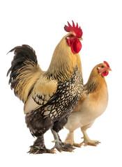 Rooster and hen standing together on transparent background