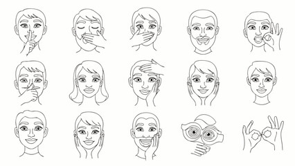 Collection of Diverse Faces Showing Different Emotions and Gestures, Line Art Style
