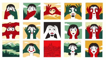 Fototapeta premium Diverse Emotions and Expressions: A Collage of Human Faces and Hands Showing Feelings and Perceptions