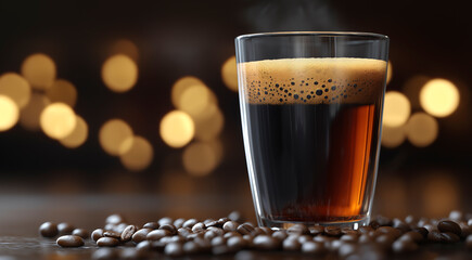 Dark coffee beverage served in a clear glass, surrounded by roasted coffee beans, with a warm bokeh background creating a cozy atmosphere for coffee lovers