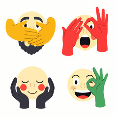 Four cartoon faces expressing different emotions and reactions with hands covering eyes, peeking through fingers, and making ok sign.