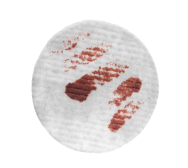 Absorbent cotton wool pads smeared with makeup, swabs, used wadding isolated on white background, clipping path