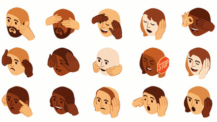 Diverse cartoon heads illustrating human reactions to information, covering eyes, ears, or mouth. Depicting denial, sensory overload, and communication issues.
