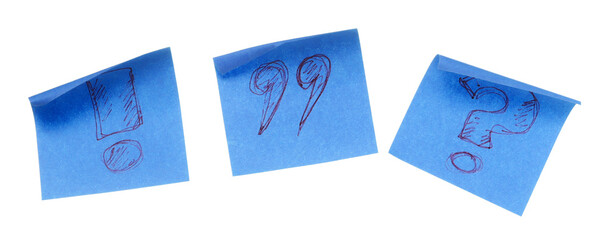 Fototapeta premium Collection of blue sheets of note papers, curled corner with drawn symbols, isolated on white background, clipping path