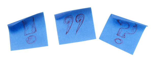 Collection of blue sheets of note papers, curled corner with drawn symbols, isolated on white background, clipping path