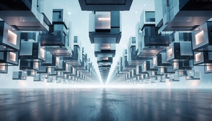 Futuristic floating geometric cube structures with glowing panels form an endless corridor over a reflective floor in this abstract sci-fi architectural render