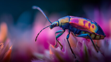 Fototapeta premium Iridescent Beetle With Colorful Pixels On Pink Flower Macro Photography