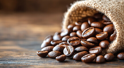 Freshly roasted coffee beans spilling from a burlap sack onto a rustic wooden surface, showcasing rich textures and inviting aroma of brewed coffee experience
