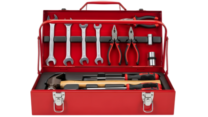 Red toolbox with wrenches and tools inside isolated on a transparent background hammer