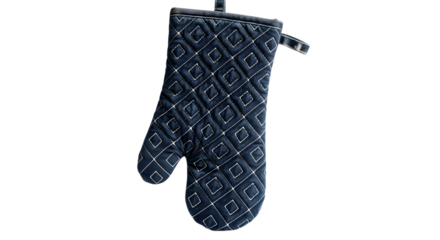 Blue quilted oven mitt with geometric pattern isolated on transparent background