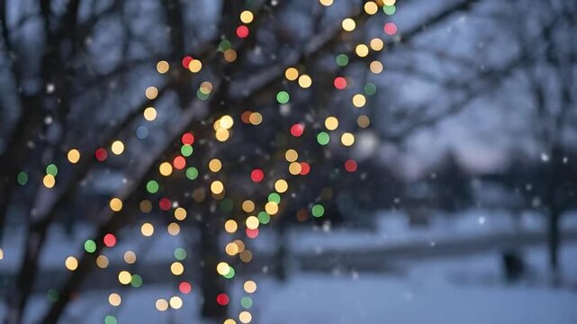 A beautiful array of blurred, glowing lights creates a captivating bokeh background, perfect for festive and winter-themed projects. The vibrant red, green, and golden hues twinkle against a soft, dar