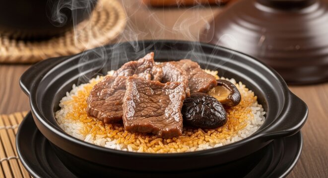 Sizzling Chinese Clay Pot Rice (Bao Zai Fan) with Beef, Crispy Crust, and Negative Space on Right