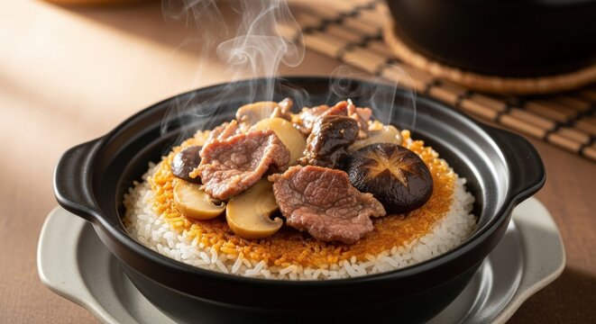 Sizzling Chinese Clay Pot Rice (Bao Zai Fan) with Beef, Crispy Crust, and Negative Space on Right