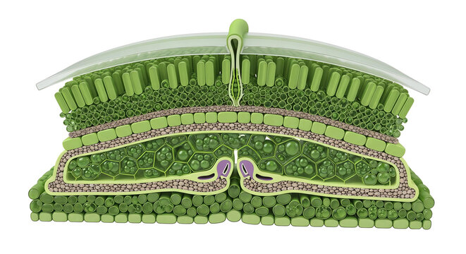 A detailed 3D digital illustration (CGI) showing a precise cross-section of a green plant leaf structure against a white background
