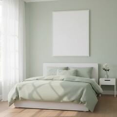 modern bedroom with white bed, light green tones