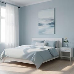 modern bedroom interior with white bed, light blue palette