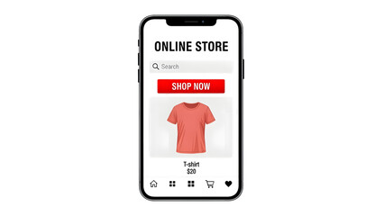 Smartphone screen displaying online store with t-shirt isolated on a transparent background shopping app