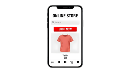 Smartphone screen displaying online store with t-shirt isolated on a transparent background shopping app