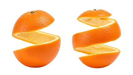 Two peeled oranges with segments separated in a spiral shape isolated on a transparent background orange segments