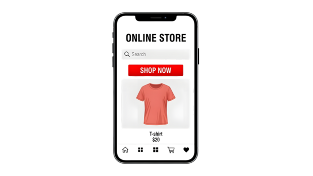 Smartphone screen displaying online store with t-shirt isolated on a transparent background shopping app - Powered by Adobe
