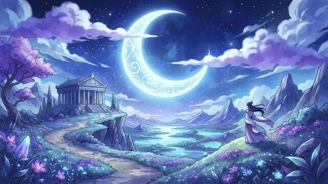 A beautifully animated and serene nightscape unfolds under a magnificent, glowing crescent moon adorned with mystical patterns. A tranquil river winds through a fantastical valley, surrounded by majes