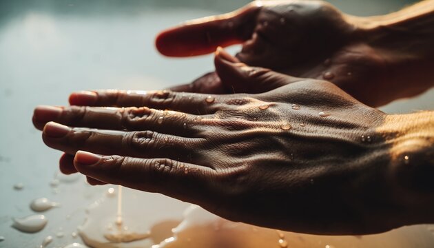 Wet human hands with shiny water droplets are held together in a close-up shot with dramatic, warm sunlight creating a contemplative and serene mood over a wet surface - Powered by Adobe