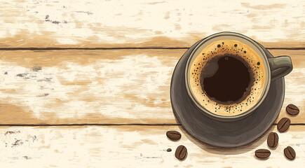 Coffee cup filled with dark brew sits on rustic wooden table, surrounded by scattered coffee beans, creating a warm and inviting atmosphere for coffee lovers