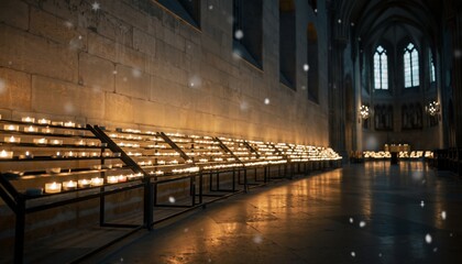 Rows of burning tealight prayer candles on metal stands illuminate a historic stone cathedral interior with a warm, magical glow and soft focus background