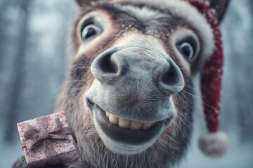 Charming foal packs joy into a tiny gift box this christmas. Editorial style. Magical forest scene with grinning horse baby beneath a santa cap. Hero shot. Branding asset.