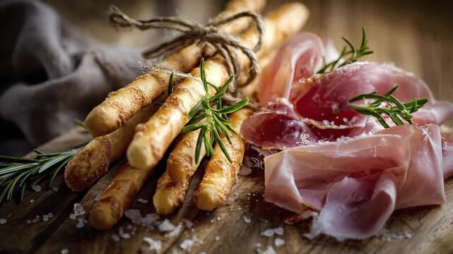 A beautifully composed still life showcasing a delectable arrangement of savory appetizers on a rustic wooden board. Golden-baked breadsticks, bundled neatly with natural twine, are artfully presented