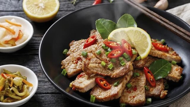 A beautifully plated dish features tender slices of perfectly cooked meat, generously garnished with vibrant red chili peppers, freshly chopped green spring onions, and aromatic kaffir lime leaves. A 