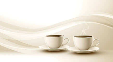 Two elegant white coffee cups on saucers, steaming with hot beverage, set against a soft, flowing abstract background, creating a warm and inviting atmosphere for coffee lovers