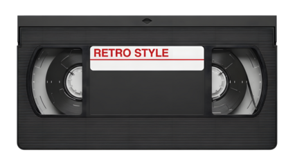 V H S cassette tape with retro style label on front showing two visible tape reels isolated on a transparent background