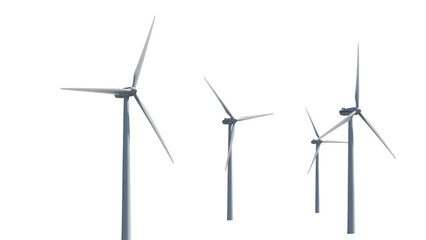 Three wind turbines with three blades each in a row on a isolated on a transparent background renewable energy