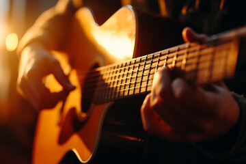 Fototapeta premium Melodic fingers dance over guitar strings at golden hour