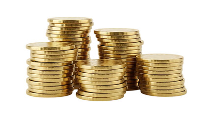 Stacks of golden coins arranged in a pyramid shape with a shiny reflective surface isolated on a transparent background