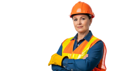 Woman wearing orange hard hat and safety vest with arms crossed isolated on a transparent background